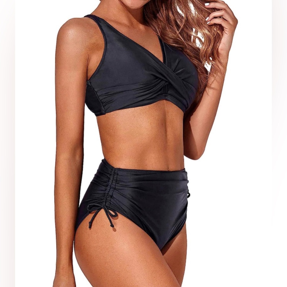 Aqua Eve Women's High Waisted Lace Up Ruched Push Up Knot Front Bikini Size M